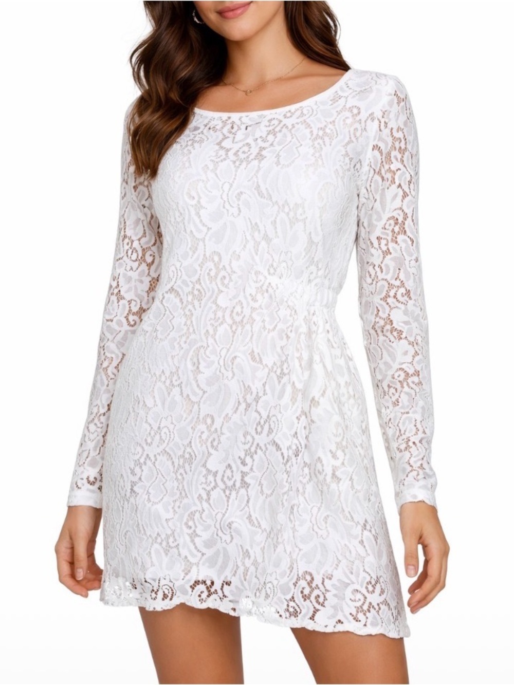 White House Black Market dress lace asymmetrical plated side waist long sleeve S